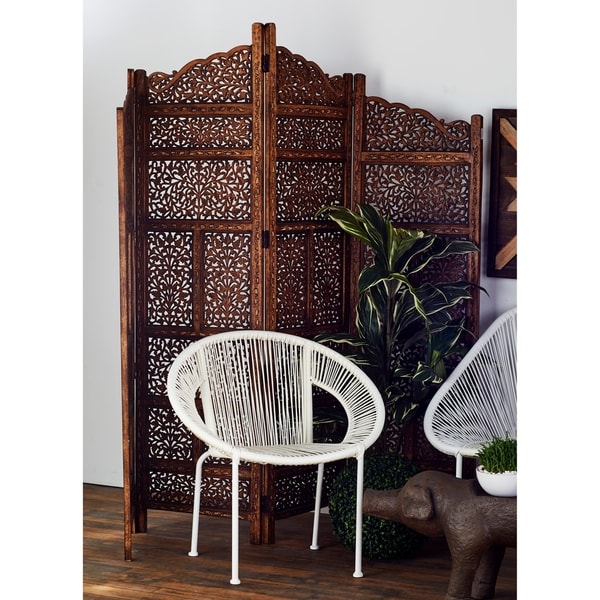 Hand Carved Fold Able 4 Panel Wooden Parion Screen Room Hand Carved Fold Able 4 Panel Wooden Parion Screen Room Divider Brown