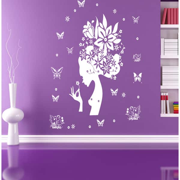 Silhouette of woman with flowers and butterflies Wall Art Sticker Decal ...