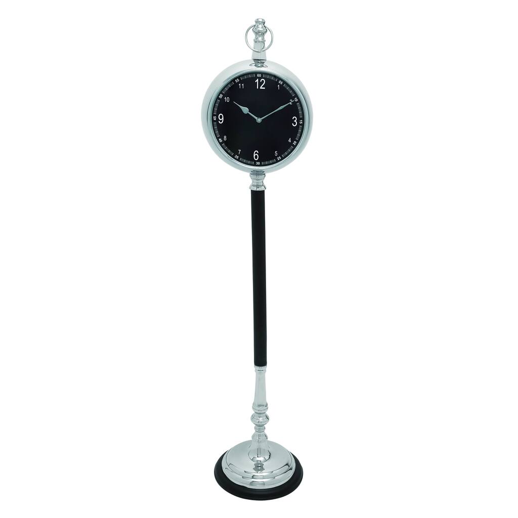 Metal Floor Clock With Black Leather Covered Pedestal Stand