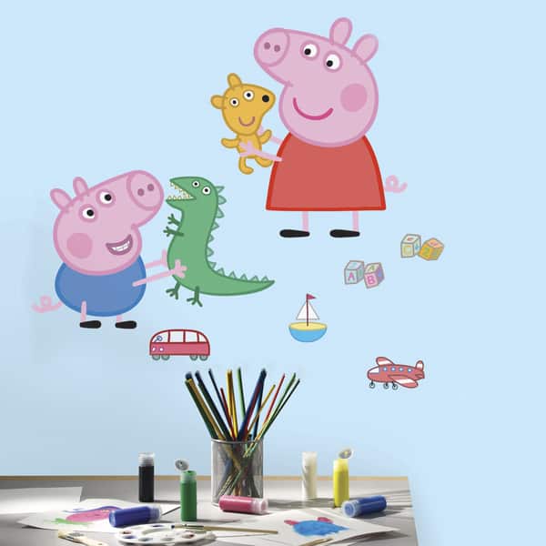 slide 2 of 3, Peppa the Pig - Peppa/George Playtime Peel and Stick Giant Wall Decals by RoomMates