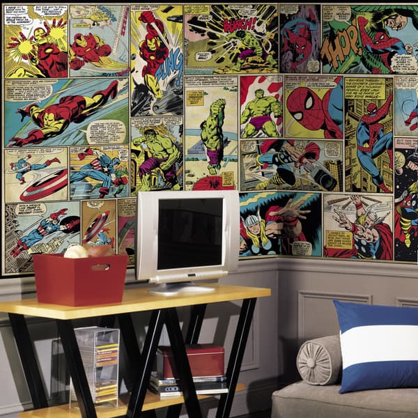 slide 2 of 2, Marvel Comic XL Chair Rail Prepasted 6-foot x 10-foot-6-inch Ultra-strippable Mural by RoomMates