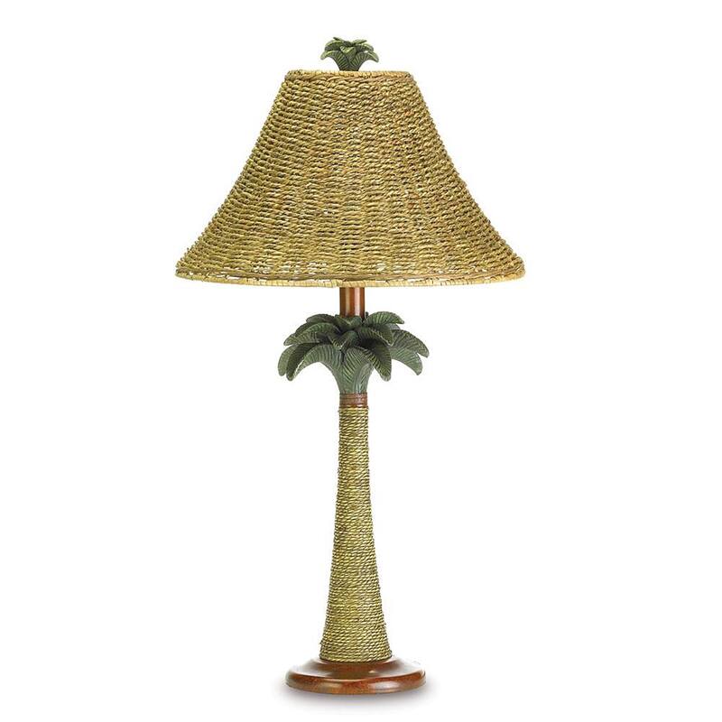 Modern Brown Polyresin and Rattan Base with Woven Shade Palm Table Lamp