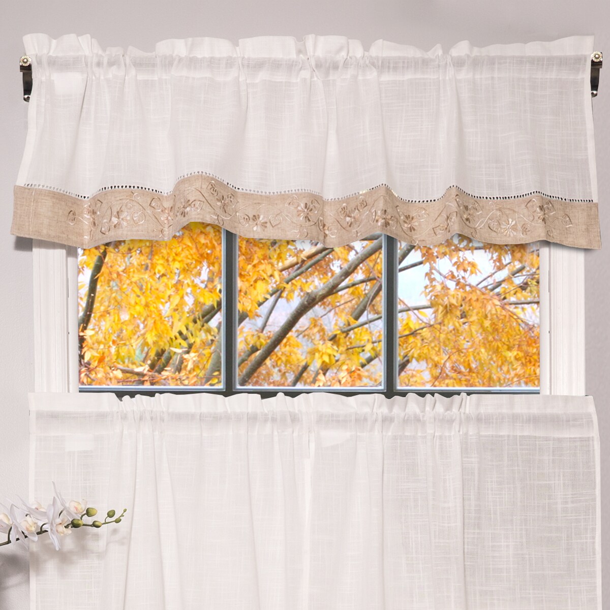 Oakwood Linen Style Kitchen Window Curtain 36" Tiers & Valance Set 
