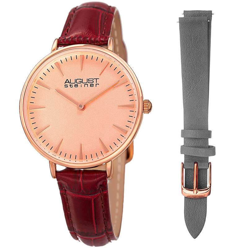 August Steiner Women's Japanese Quartz Interchangeable Leather Strap Watch - Red