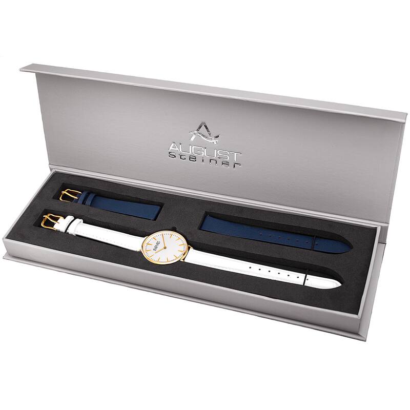 August Steiner Women?s Japanese Quartz Interchangeable Leather Strap Watch - White