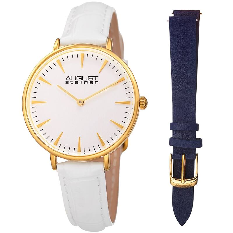 August Steiner Women?s Japanese Quartz Interchangeable Leather Strap Watch - White