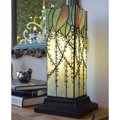 Copper Grove Carnach Multicolored Stained Glass and Resin Filigree Hurricane Lamp - 8.25"L x 8.25"W x 17.63"H