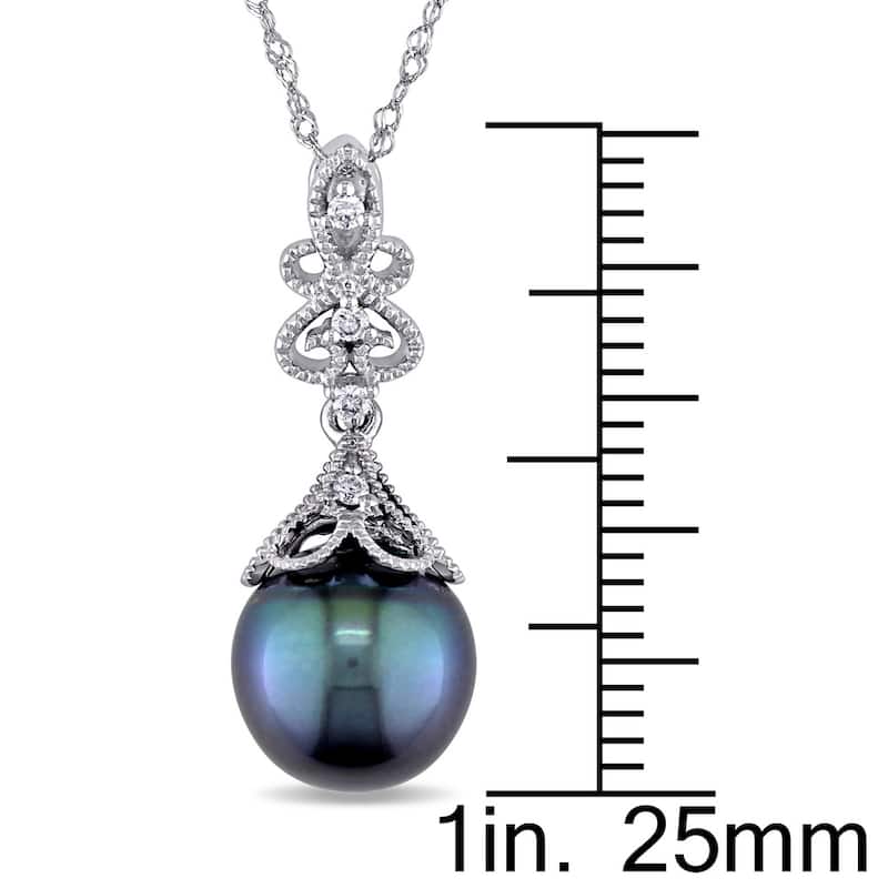 Miadora 14k White Gold Black Tahitian Pearl and Diamond Accent Filigree Drop Necklace (9-9.5 mm)