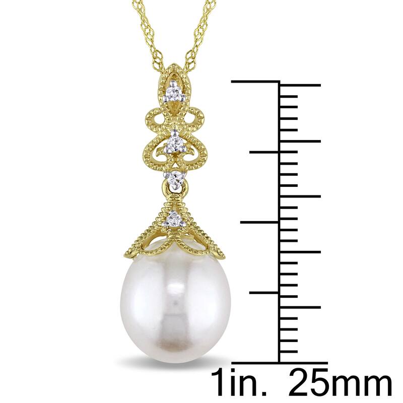 Miadora 14k Yellow Gold White Cultured Freshwater Pearl and Diamond Accent Filigree Drop Necklace (9-9.5 mm)