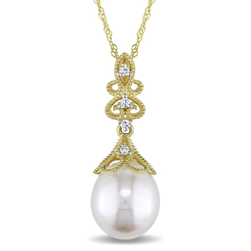 Miadora 14k Yellow Gold White Cultured Freshwater Pearl and Diamond Accent Filigree Drop Necklace (9-9.5 mm)