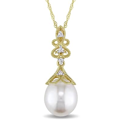 Miadora 14k Yellow Gold White Cultured Freshwater Pearl and Diamond Accent Filigree Drop Necklace (9-9.5 mm)