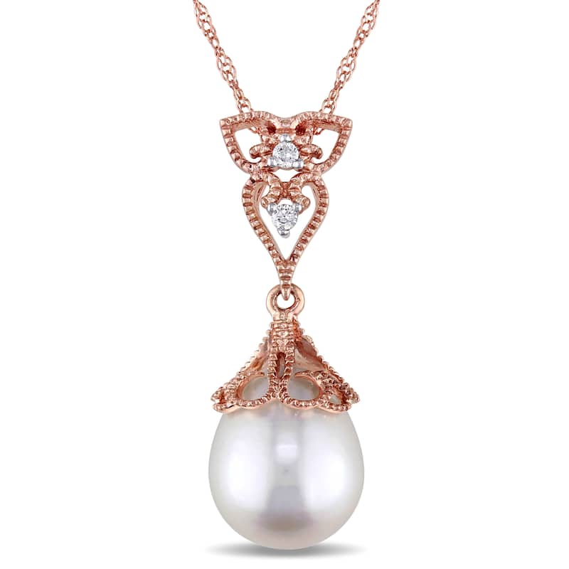 Miadora 14k Rose Gold White Cultured Freshwater Pearl and Diamond Accent Filigree Drop Necklace (9-9.5 mm)