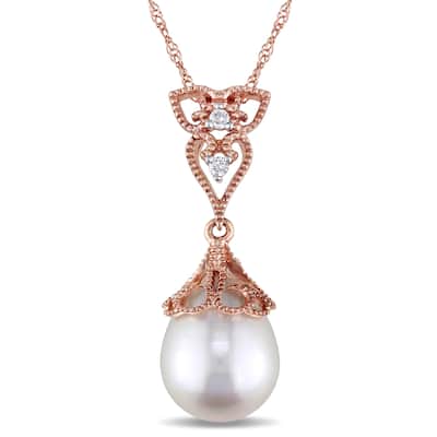 Miadora 14k Rose Gold White Cultured Freshwater Pearl and Diamond Accent Filigree Drop Necklace (9-9.5 mm)