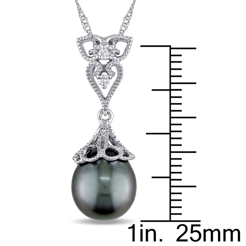 Miadora 14k White Gold Black Tahitian Pearl and Diamond Accent Filigree Drop Necklace (9-9.5 mm)