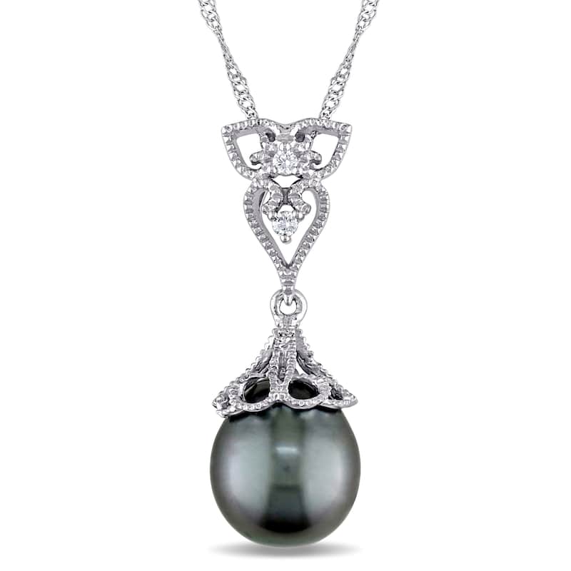 Miadora 14k White Gold Black Tahitian Pearl and Diamond Accent Filigree Drop Necklace (9-9.5 mm)