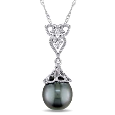 Miadora 14k White Gold Black Tahitian Pearl and Diamond Accent Filigree Drop Necklace (9-9.5 mm)