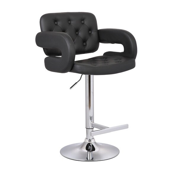 Porch & Den Coal Creek Black Button-tufted Leather Upholstered Modern Adjustable Bar Stool