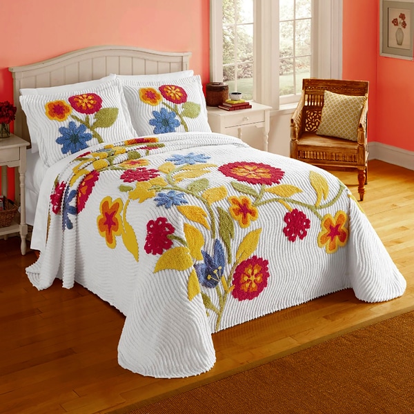 Shop Primavera Cotton Ribbed Chenille Bedspread with Floral Applique