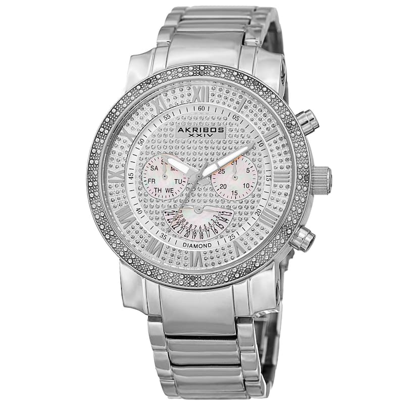 Akribos XXIV Men's Swiss Quartz Dazzling Retrograde Dual-Time Stainless Steel Bracelet Watch - silver
