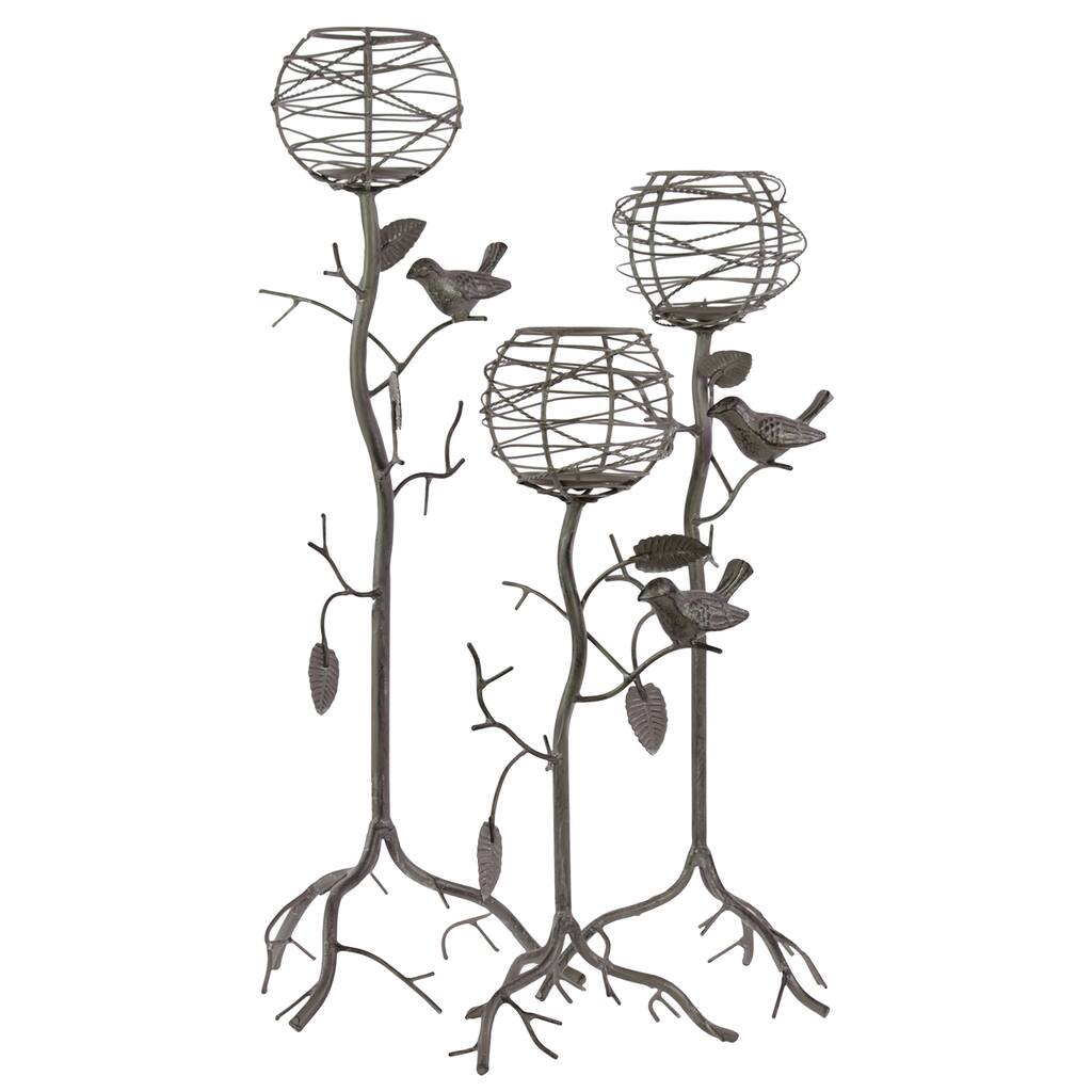 Set of Three Charming Tree Shaped Candle Holder Set With Metal Birds