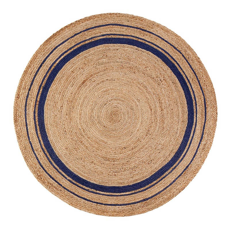 Jani Tara Blue Rings Jute Rug - Kerala Midnite Design, 8' Feet, Natural/Gray Area Rug