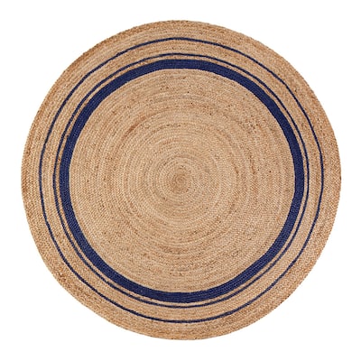 Jani Tara Blue Rings Jute Rug - Kerala Midnite Design, 8' Feet, Natural/Gray Area Rug