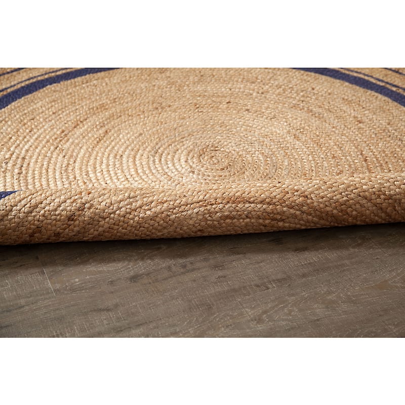 Jani Tara Blue Rings Jute Rug - Kerala Midnite Design, 8' Feet, Natural/Gray Area Rug