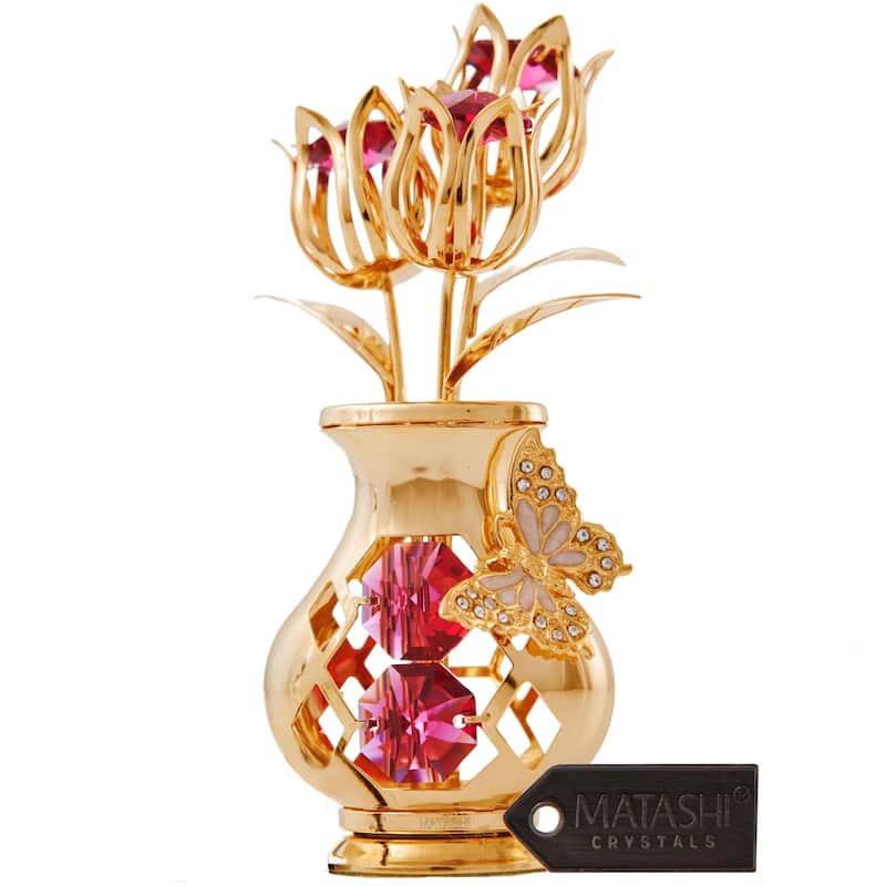 Goldplated Matashi Crystal Tulips with Butterfly in a Vase Tabletop Ornament (2 Color Choices) - Red