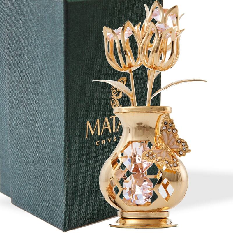 Goldplated Matashi Crystal Tulips with Butterfly in a Vase Tabletop Ornament (2 Color Choices)