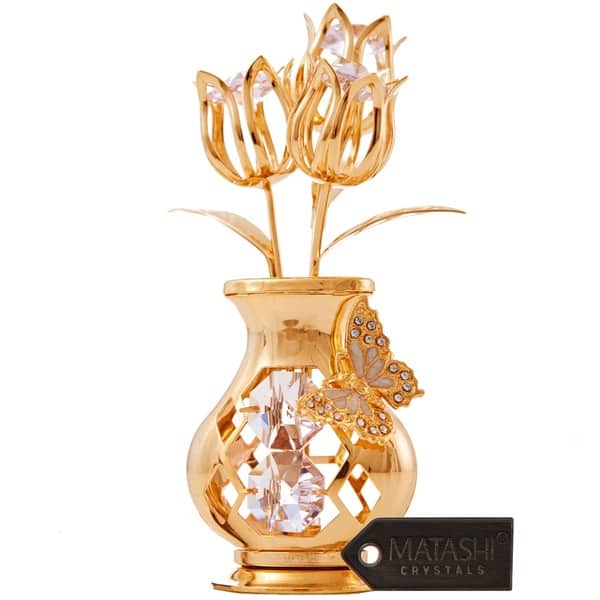slide 2 of 17, Goldplated Matashi Crystal Tulips with Butterfly in a Vase Tabletop Ornament (2 Color Choices) Pink