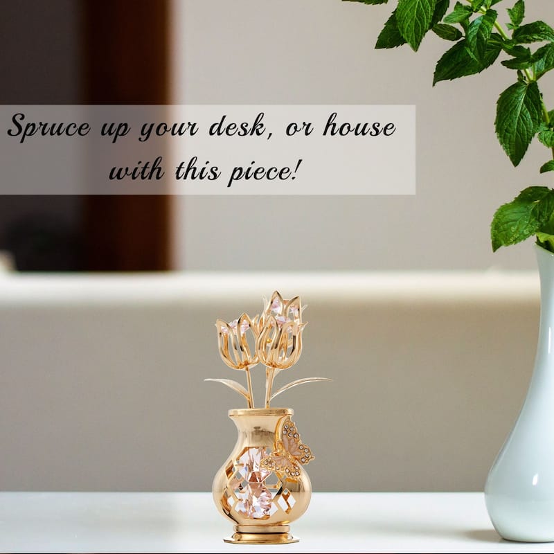 Goldplated Matashi Crystal Tulips with Butterfly in a Vase Tabletop Ornament (2 Color Choices)