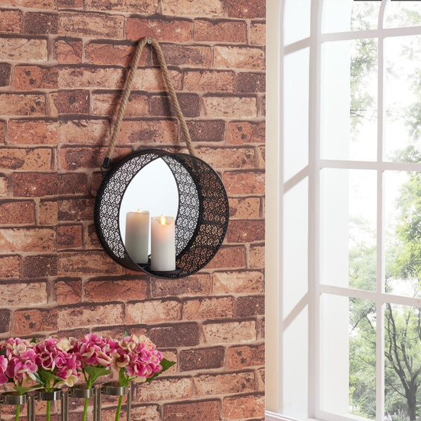 Pine Canopy Stanislaus Round Mirror Pillar Candle Sconce with Filigree Metal Frame and Hanging Rope