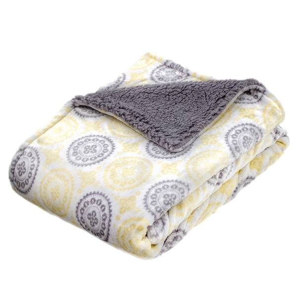 slide 2 of 2, 30-inch x 40-inch Yellow Medallion Micro Mink Fiber Baby Blanket with Grey Sherpa Reverse