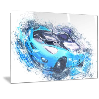 Designart Sky Blue and Black Sports Car Metal Wall Art