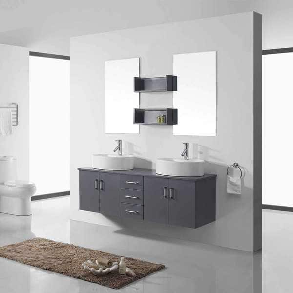 59 Floating White & Brown Bathroom Vanity Set with Double Sink Two Shelves