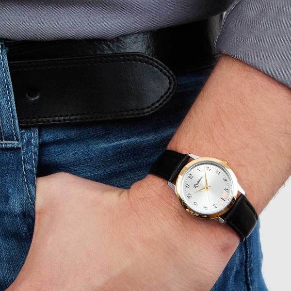 mens gold watch with black leather strap