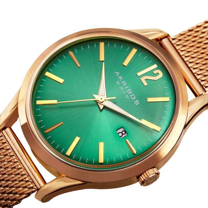 Akribos XXIV Men's Quartz Easy-to-Read Gold-Tone Stainless Steel Mesh Strap Watch - green