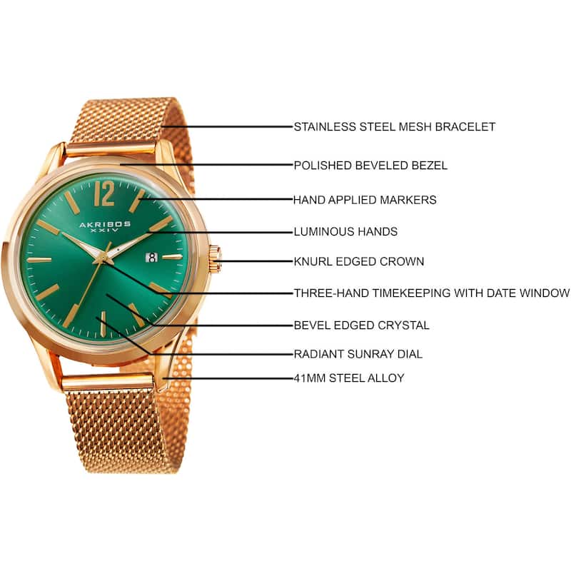 Akribos XXIV Men's Quartz Easy-to-Read Gold-Tone Stainless Steel Mesh Strap Watch - green