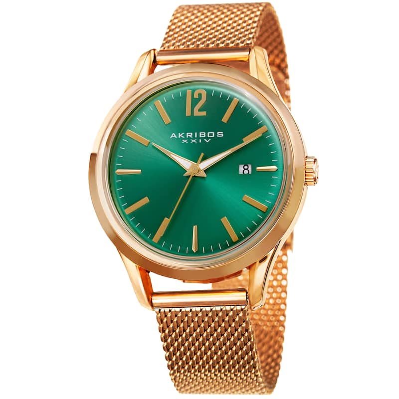 Akribos XXIV Men's Quartz Easy-to-Read Gold-Tone Stainless Steel Mesh Strap Watch - green