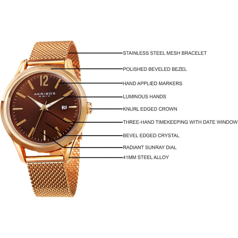 Akribos XXIV Men's Quartz Easy-to-Read Gold-Tone Stainless Steel Mesh Strap Watch - brown
