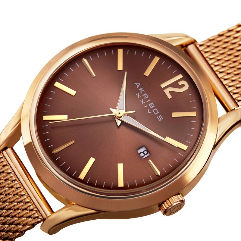 Akribos XXIV Men's Quartz Easy-to-Read Gold-Tone Stainless Steel Mesh Strap Watch - brown