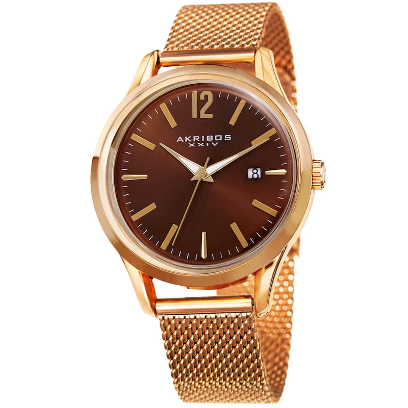 Akribos XXIV Men's Quartz Easy-to-Read Gold-Tone Stainless Steel Mesh Strap Watch - brown