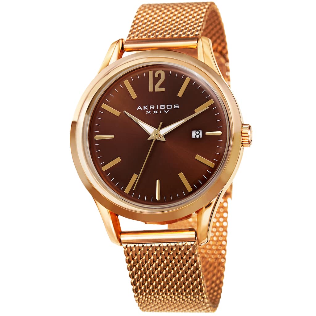 Akribos XXIV Men's Quartz Easy-to-Read Gold-Tone Stainless Steel Mesh Strap Watch - brown