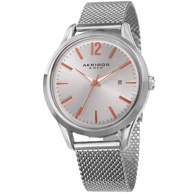 Akribos XXIV Men's Quartz Easy-to-Read Silver-Tone Stainless Steel Mesh Strap Watch - silver