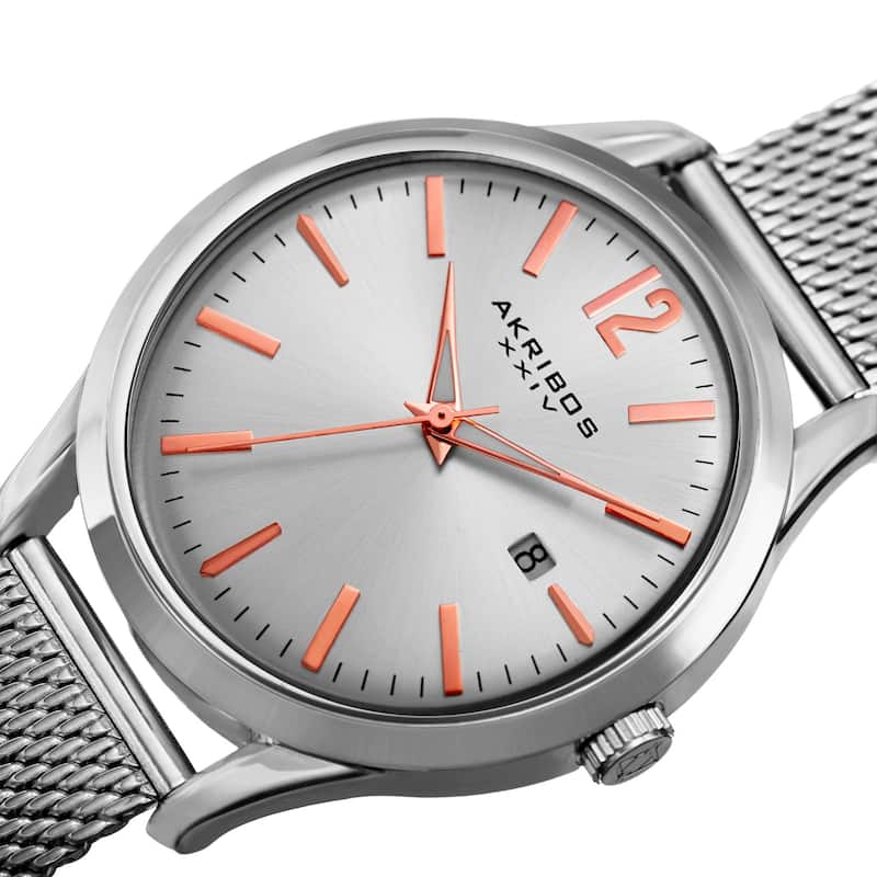 Akribos XXIV Men's Quartz Easy-to-Read Silver-Tone Stainless Steel Mesh Strap Watch - silver
