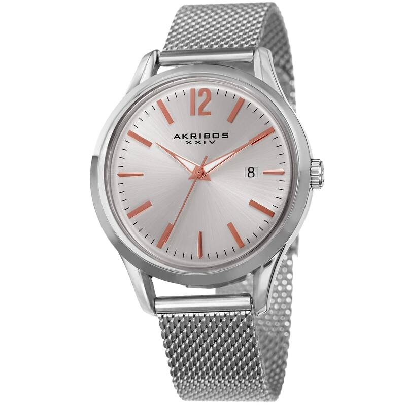 Akribos XXIV Men's Quartz Easy-to-Read Silver-Tone Stainless Steel Mesh Strap Watch - silver