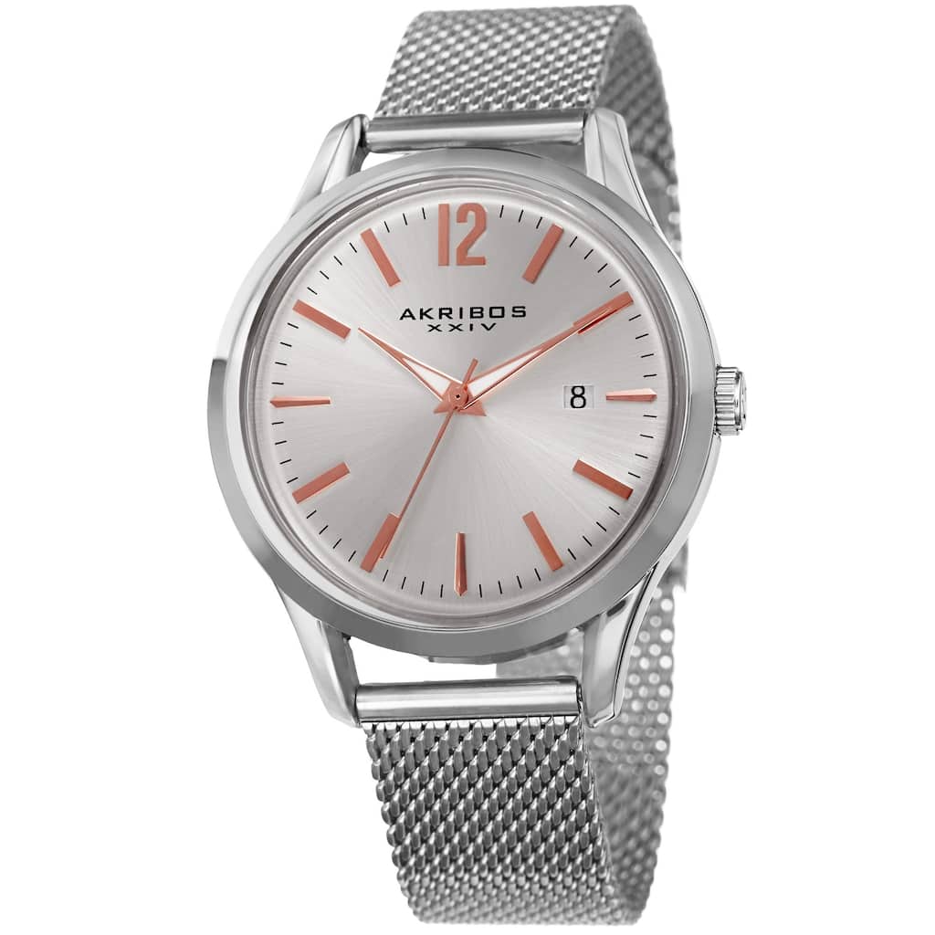 Akribos XXIV Men's Quartz Easy-to-Read Silver-Tone Stainless Steel Mesh Strap Watch - silver