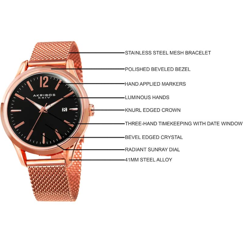 Akribos XXIV Men's Quartz Easy-to-Read Rose-Tone Stainless Steel Mesh Strap Watch - Gold