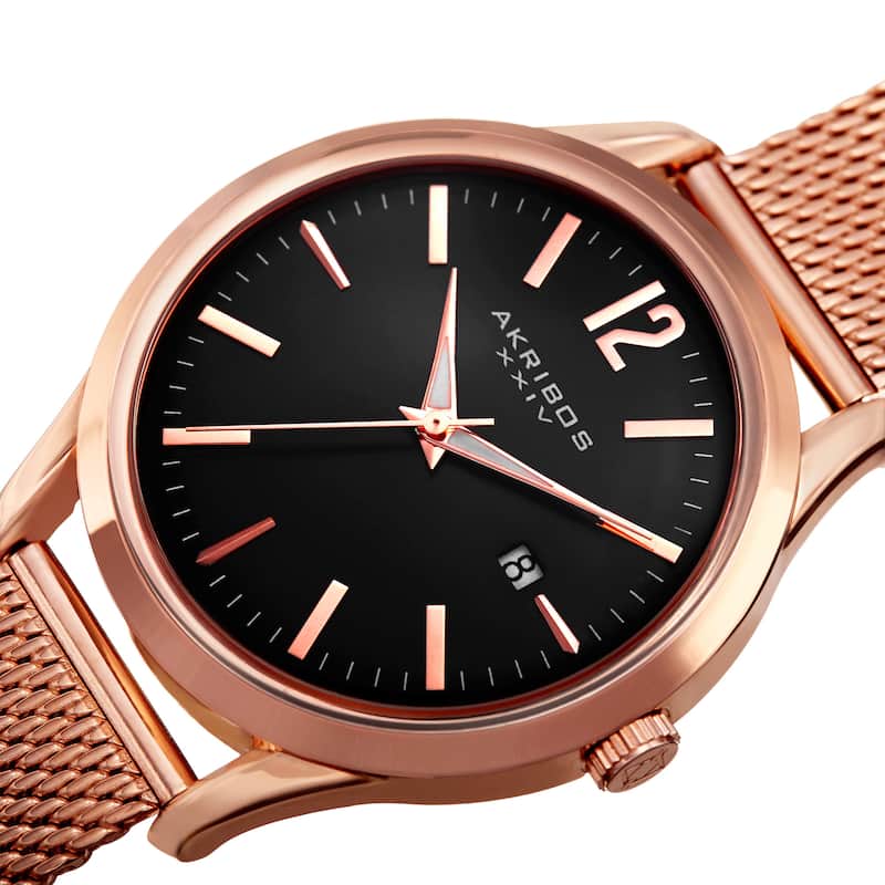 Akribos XXIV Men's Quartz Easy-to-Read Rose-Tone Stainless Steel Mesh Strap Watch - Gold