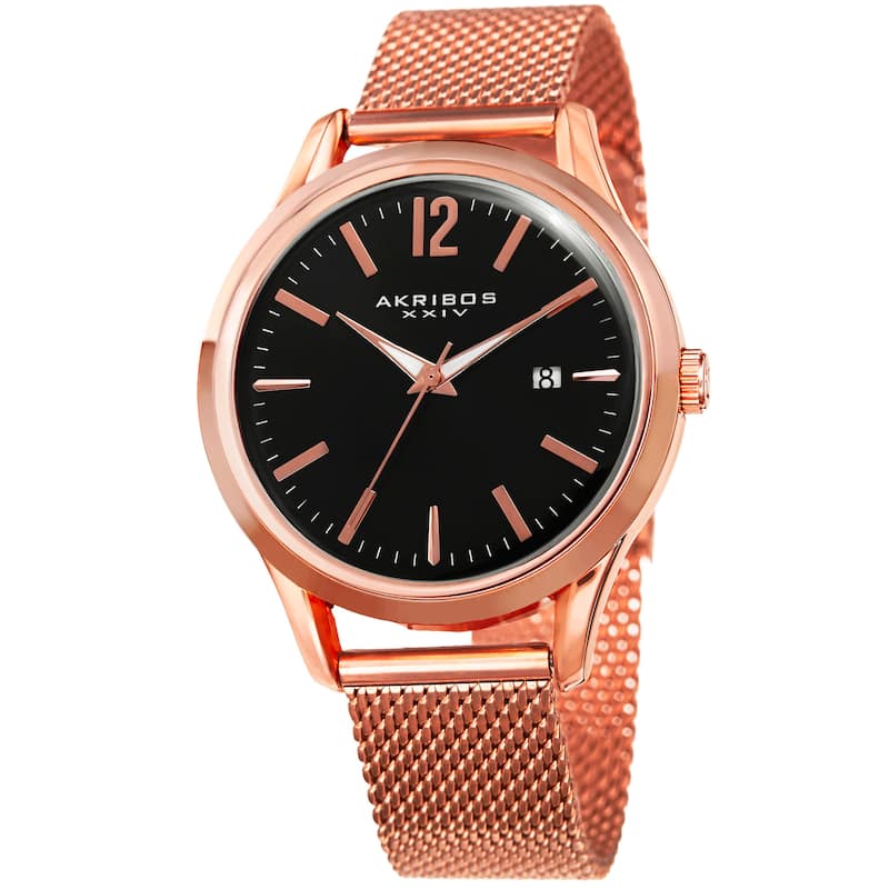 Akribos XXIV Men's Quartz Easy-to-Read Rose-Tone Stainless Steel Mesh Strap Watch - Gold